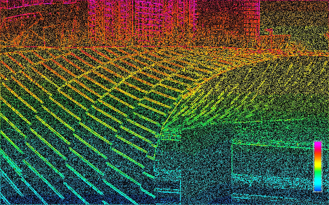 Registered laser scan point cloud of a structure, the kind of epoch differenced against a baseline in a deformation monitoring survey