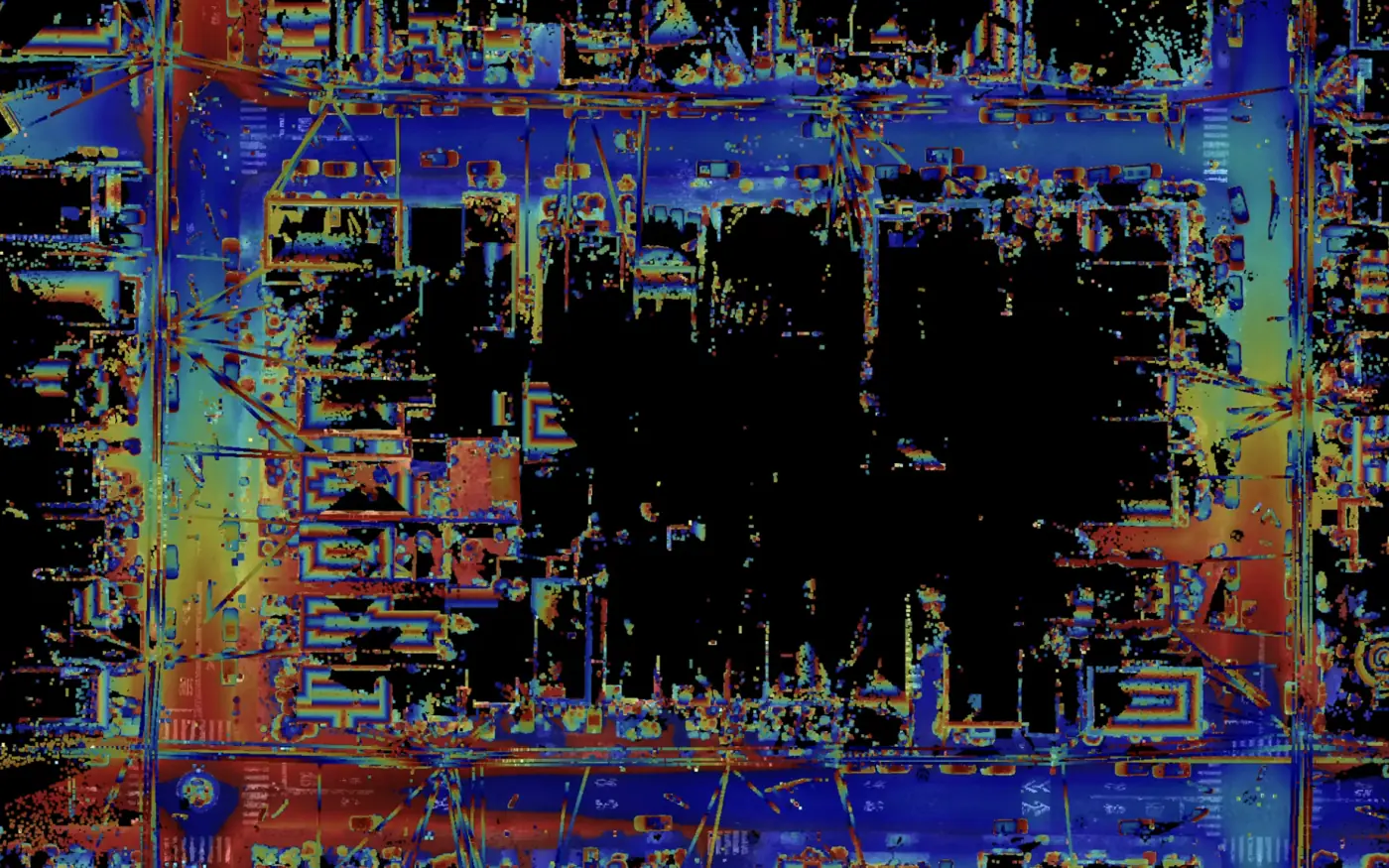 Plan view laser scan of a full city block, colored in repeating elevation bands, by Contour Survey