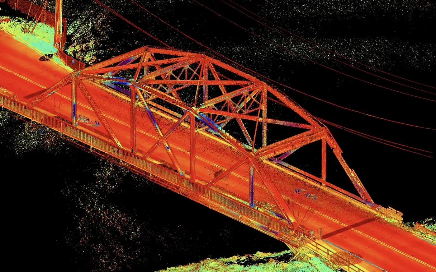 Intensity-colored point cloud of a steel truss bridge scanned by Contour Survey