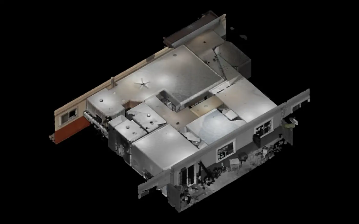 Oblique view of a laser-scanned residential unit with ceilings in place, by Contour Survey