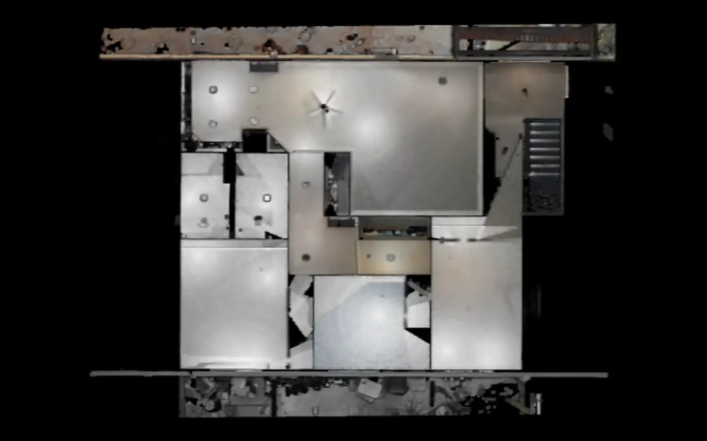 Plan view of a laser-scanned residential interior showing the ceiling plane