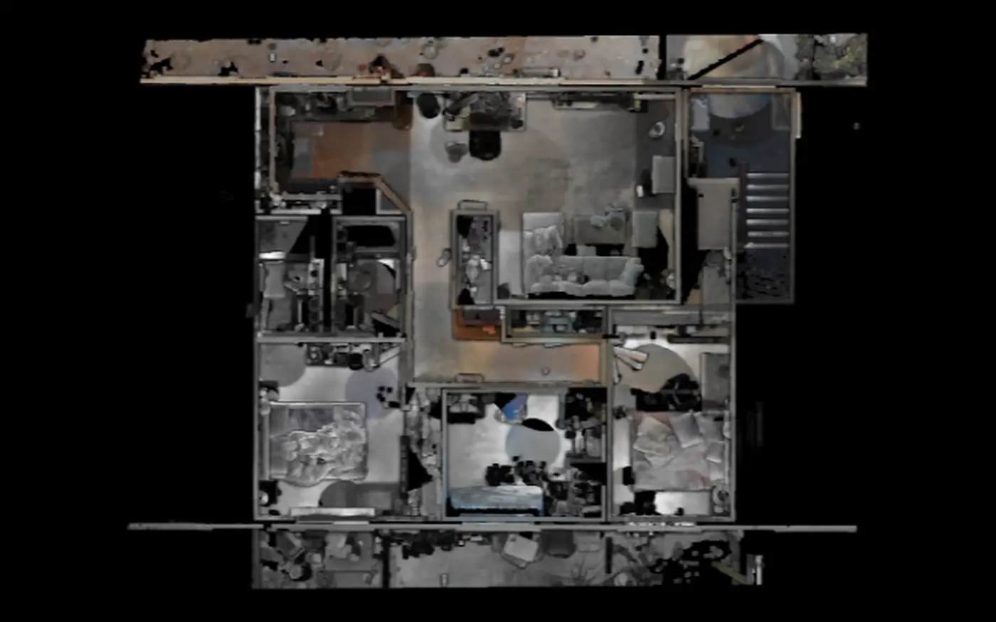 Same plan view sliced below the ceiling, showing the floor plan of every room