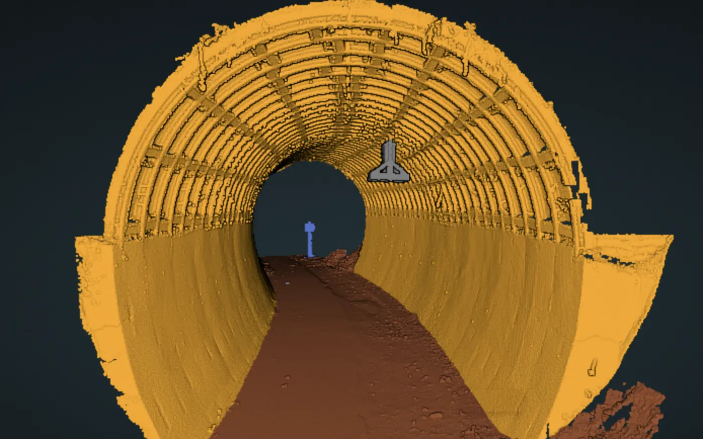 Same tunnel point cloud classified into structure, ground, and signs