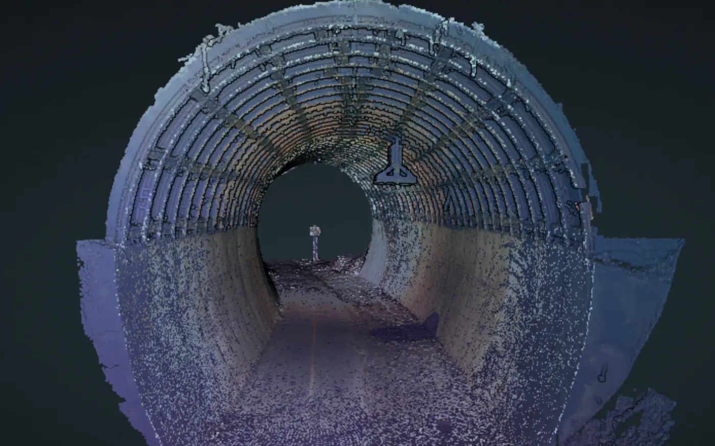 True-color point cloud of a corrugated steel arch tunnel scanned by Contour Survey