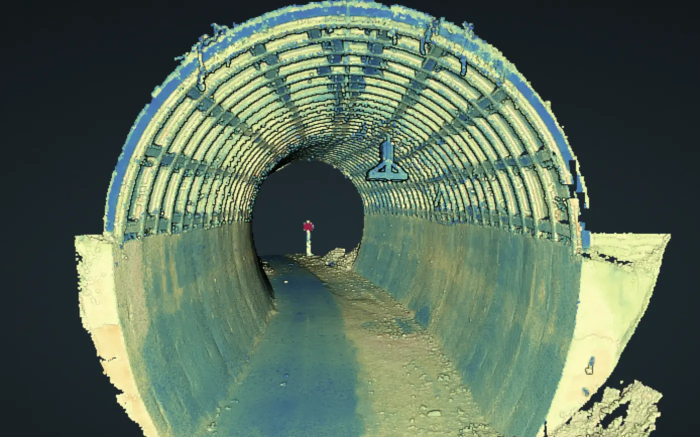 Intensity-shaded point cloud of a corrugated steel arch tunnel scanned by Contour Survey
